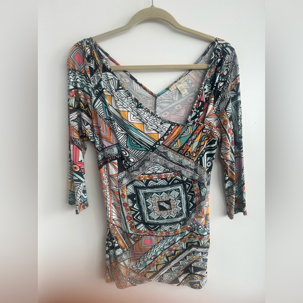 Geometric Print V-Neck Long Sleeve Dress
